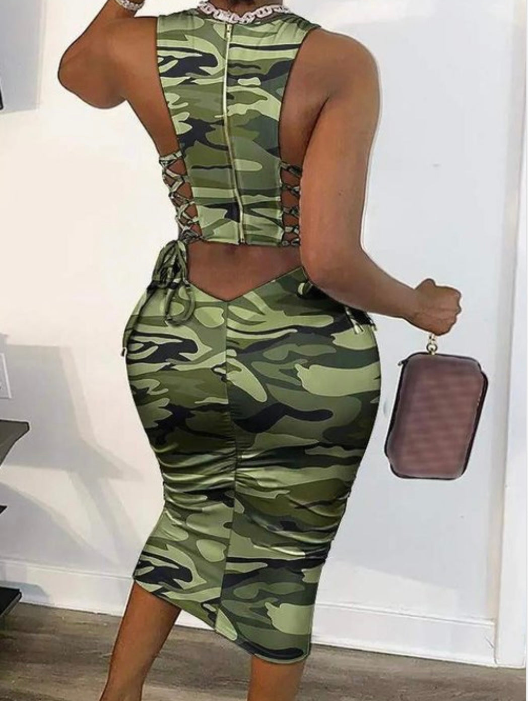 CAMO PRINT LACE-UP BODYCON DRESS