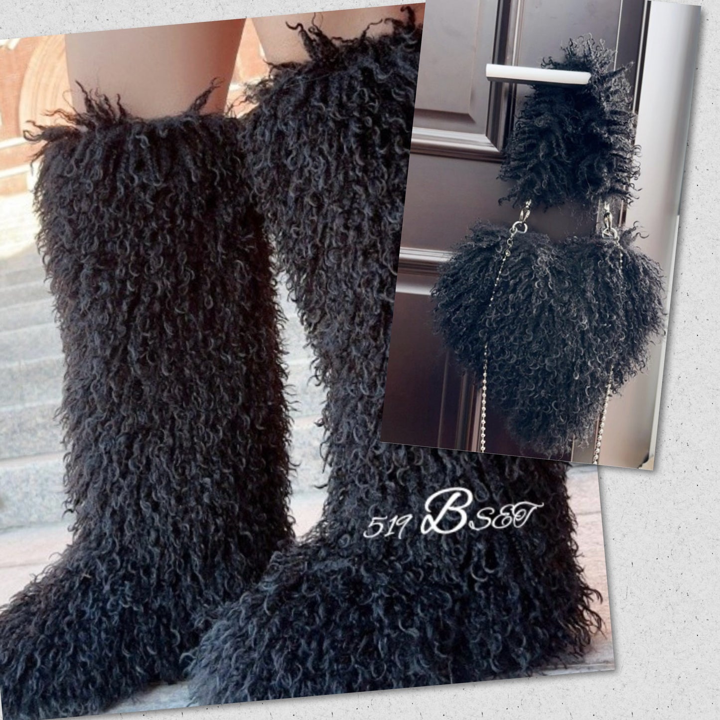 PLUSH FAUX FURRY BOOTS WITH HEART SHAPED PURSE