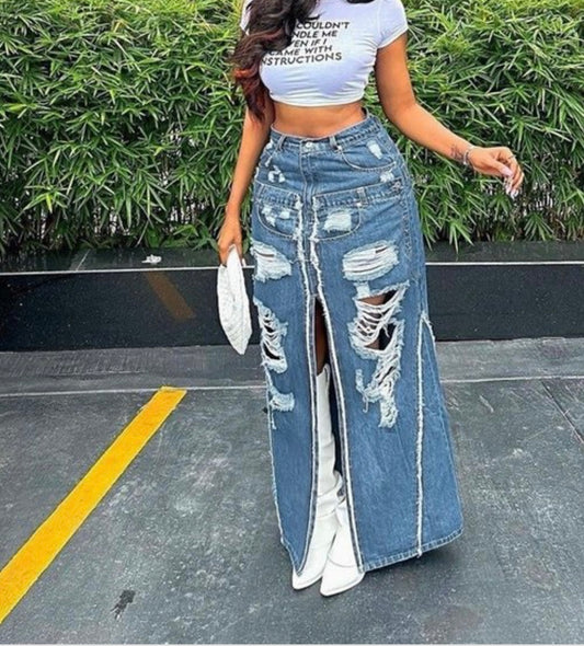 HIGH RISE RIPPED DENIM SKIRT