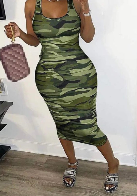 CAMO PRINT LACE-UP BODYCON DRESS