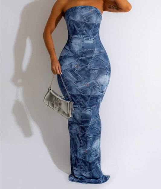 DENIM PRINT MAXI DRESS