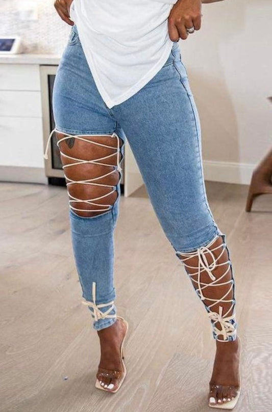 FLY LACEUP CUTOUT SKINNY JEANS