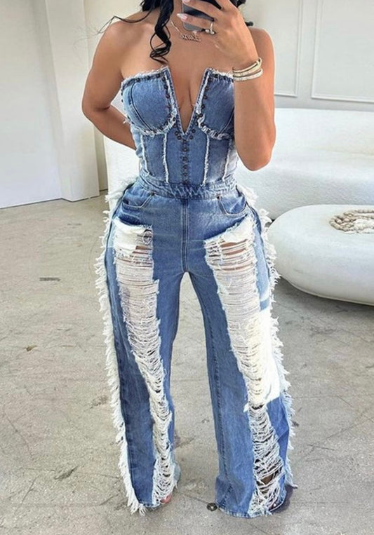 RIPPED DENIM STRAPLESS  JUMPSUIT