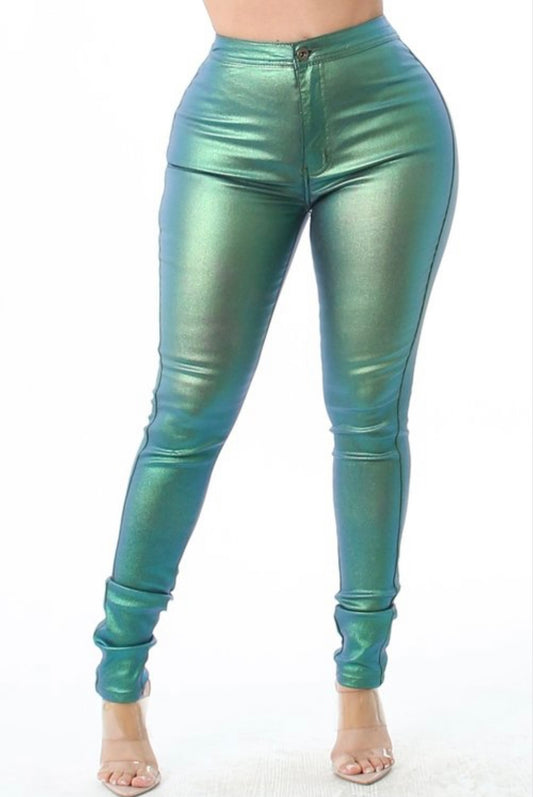 GREEN SHINY COATED HIGH WAIST SKINNY PANTS